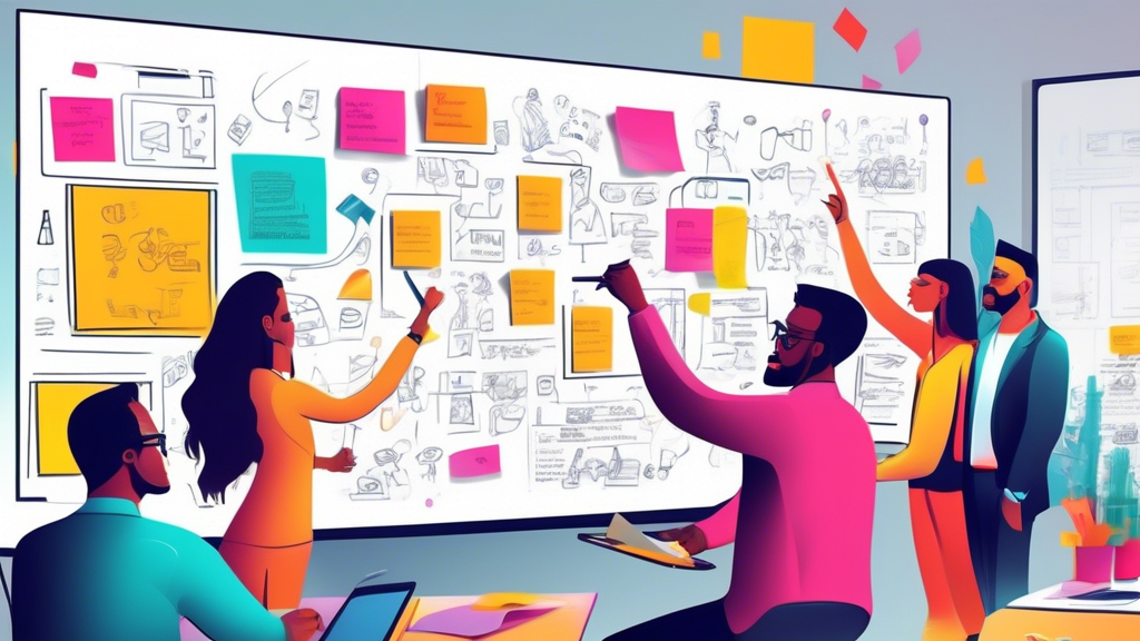 a team of diverse professionals collaboratively drafting a creative and detailed job description on a large whiteboard in a modern office environment, with vibrant post-it notes and a digital tablet displaying an engaging layout