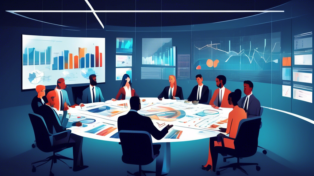 An illustrated digital boardroom scene with business executives brainstorming around a large table filled with charts and graphs on staffing strategies.
