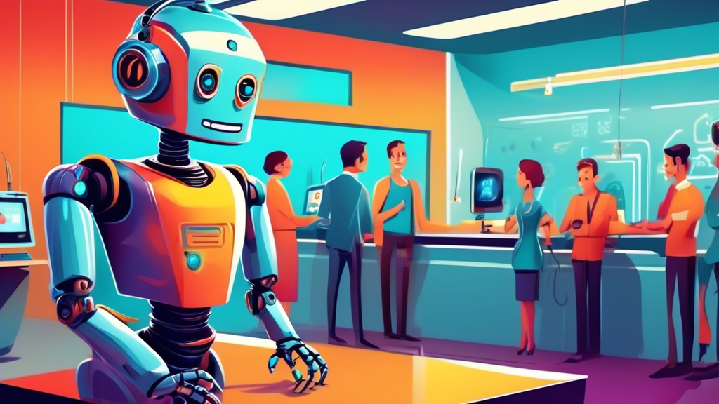 An illustration of a friendly robot providing comprehensive customer support, surrounded by happy and satisfied customers in a futuristic service center.