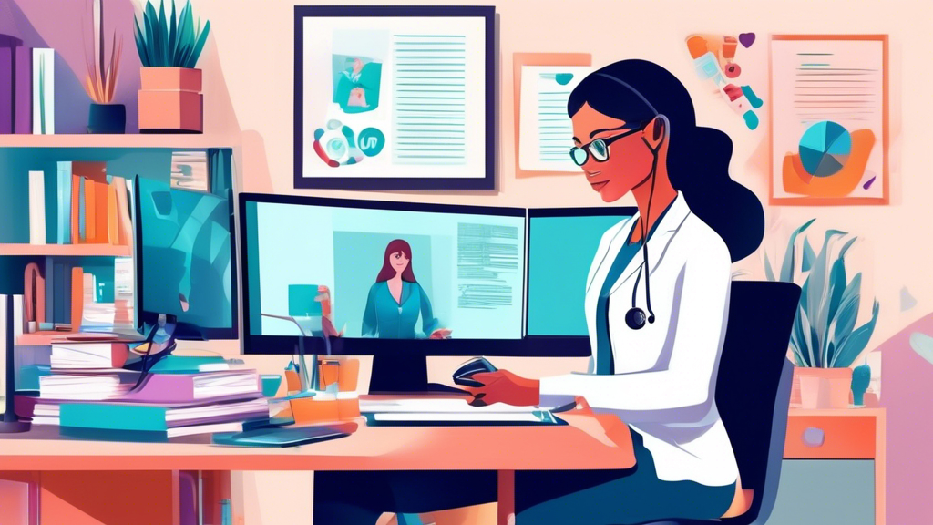 A professional virtual medical assistant working efficiently from a home office, surrounded by medical books, a computer, and health care tools, while engaging in a video consultation.