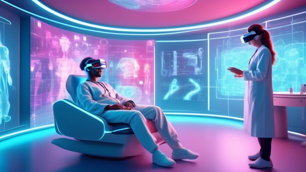 Depiction of an advanced virtual reality environment showing a patient consulting with a holographic AI healthcare professional in a futuristic medical clinic setting.