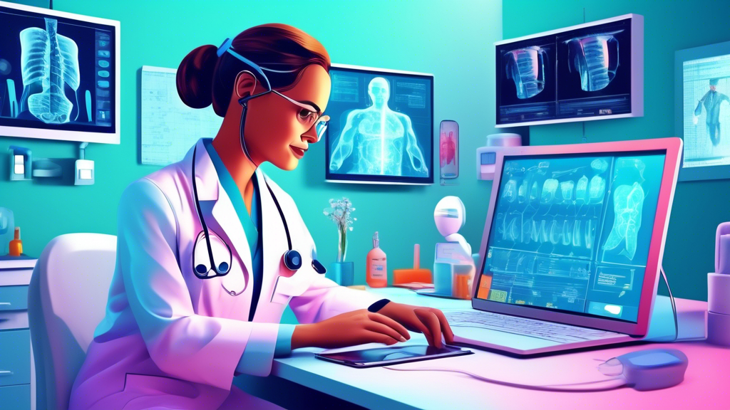 A digital illustration showcasing a remote medical assistant providing virtual support to a doctor performing a procedure, with digital health records and telemedicine technology in the background.
