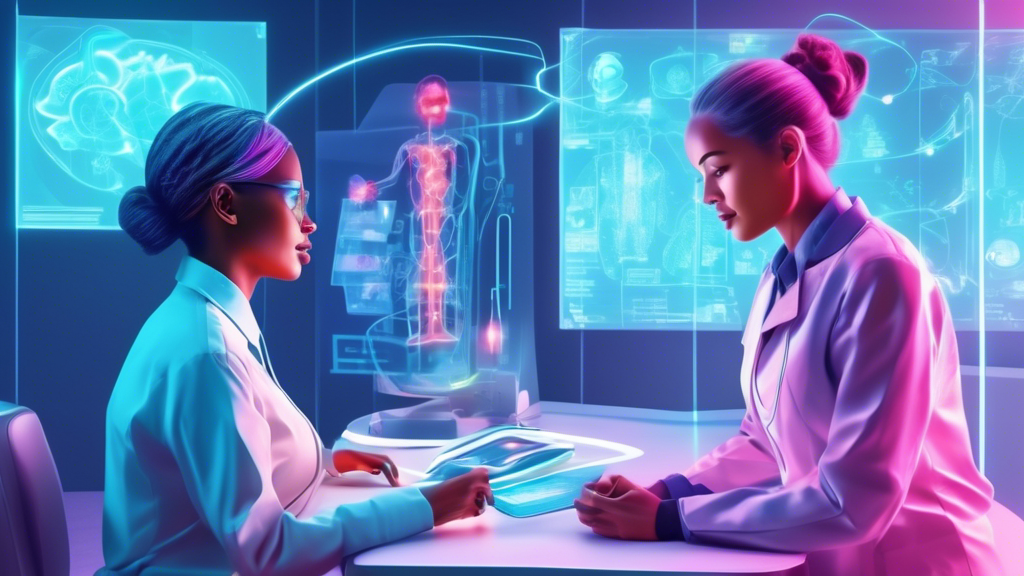 An illustration of a futuristic virtual medical assistant interacting with a patient in a digitally enhanced medical office.