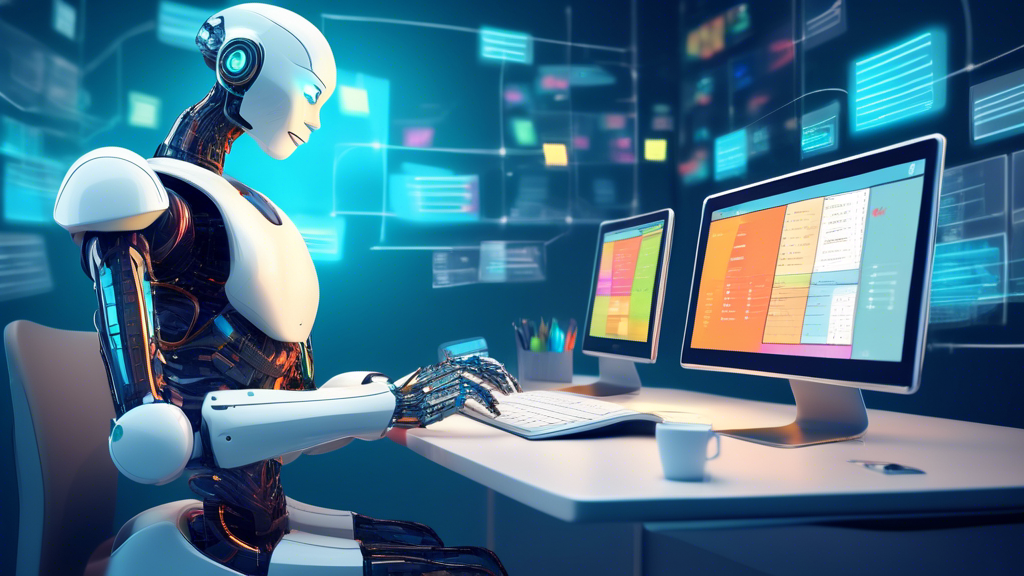 A cheerful humanoid robot sitting at a modern desk with multiple screens displaying calendars, emails, and to-do lists, actively typing on a futuristic keyboard, illustrating the concept of a highly efficient virtual assistant in a sleek, smart office environment.