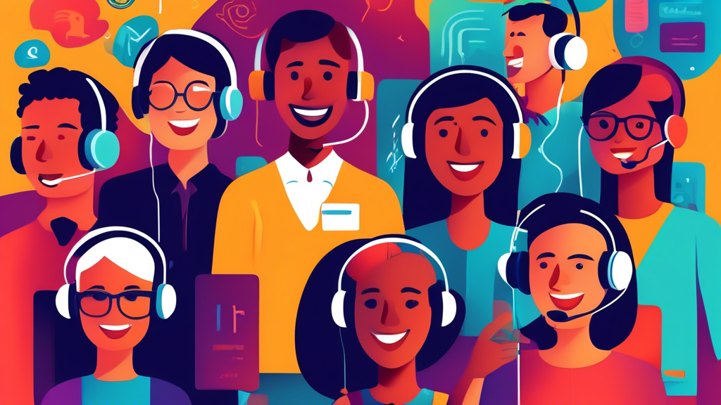 An illustration of a cheerful, diverse group of professionals wearing headsets and standing together in front of a digital screen that displays 'Your Dedicated Support Team: Here to Help!' with icons of phone, chat, and email support floating around them.