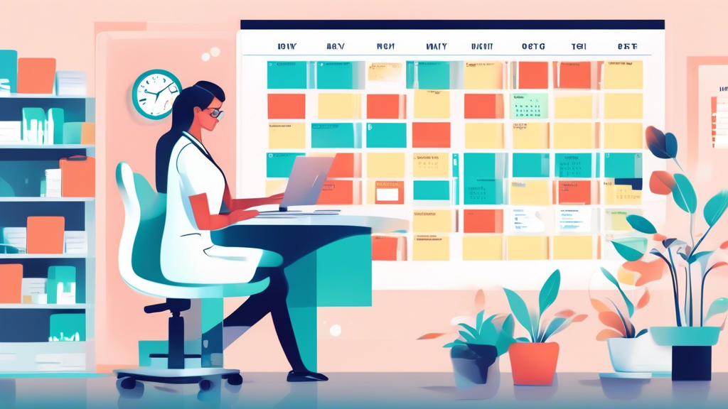 An illustration of a virtual assistant scheduling patient appointments on a digital calendar while simultaneously organizing medical records on a separate screen, set in a modern, bustling doctor's office.
