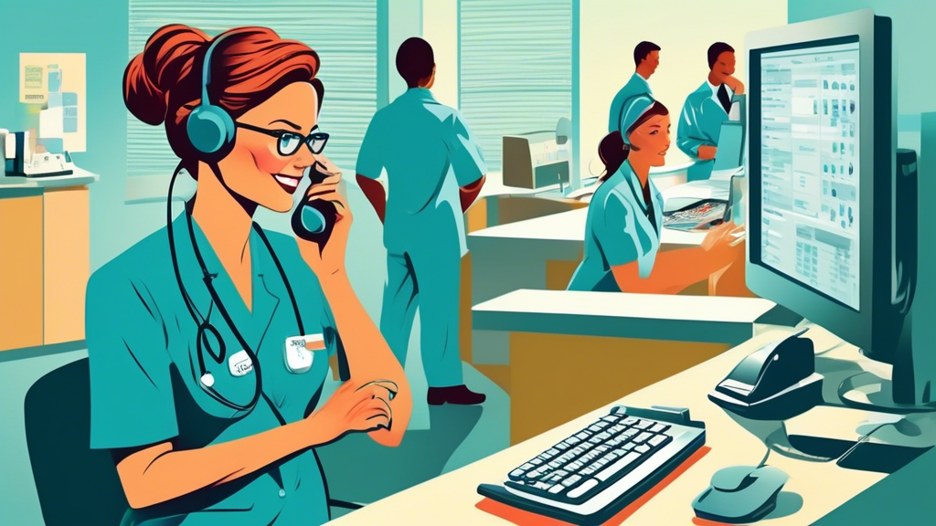 An illustration of a friendly and professional medical receptionist multitasking by answering phone calls, scheduling appointments on a computer, and interacting with a patient at a hospital front desk, showcasing organizational, communication, and technological skills.