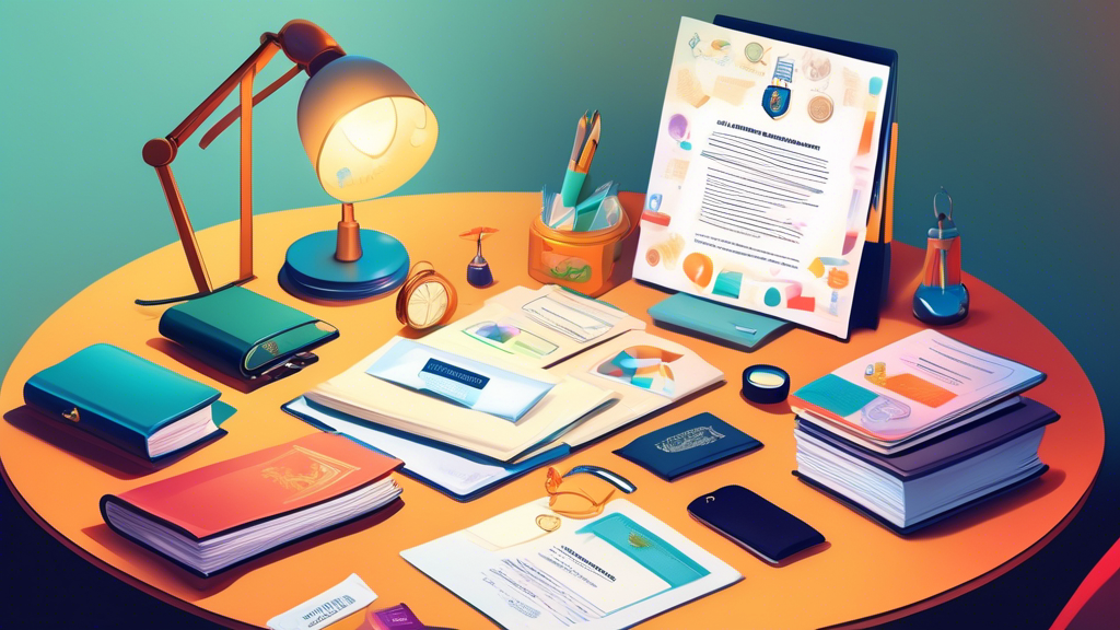 An illustrated guidebook laying open on a desk, surrounded by various professional certificates and identification badges under a soft desk lamp, symbolizing the essentials of credentialing.