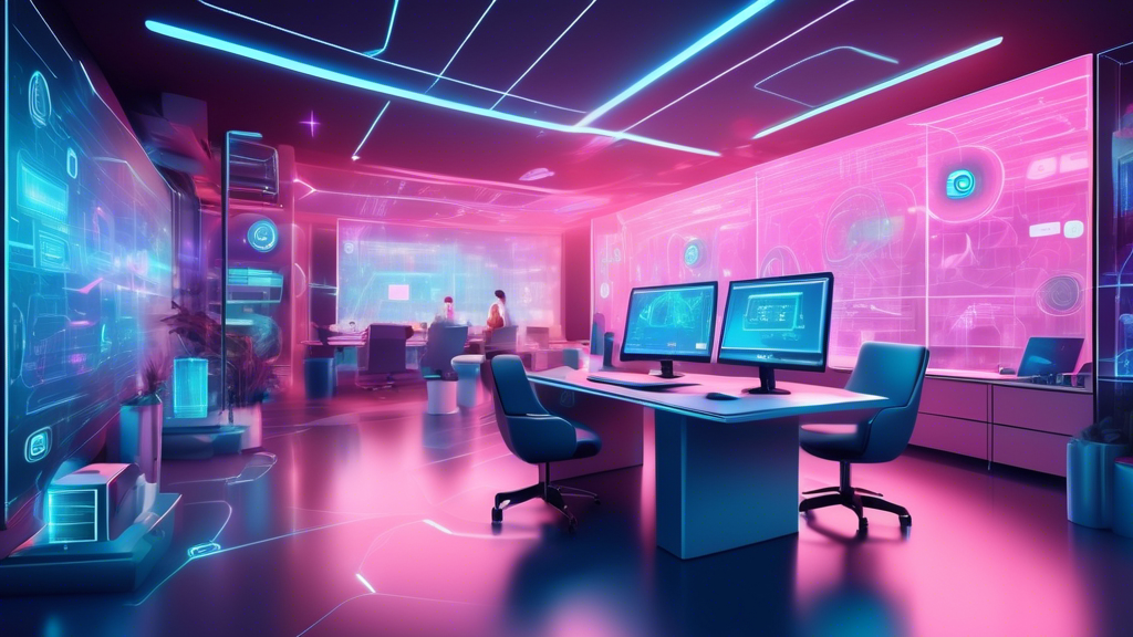A futuristic office space filled with advanced technology, where a holographic virtual assistant efficiently manages tasks and schedules, highlighting the seamless integration of AI in enhancing productivity and work-life balance.