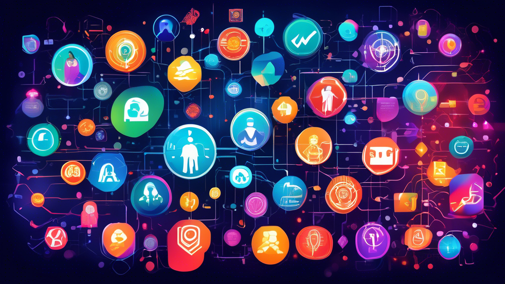 An intricate digital illustration showcasing a variety of logos from top credentialing companies, surrounded by glowing futuristic data streams and diverse professional avatars interacting with digital certificates and badges.