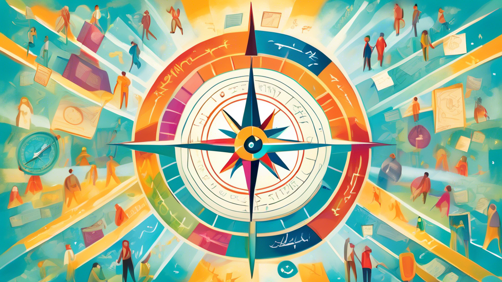 An illustration of a compass guiding mental health professionals through a maze of certificates and credentials, under a bright sky symbolizing clarity and guidance.