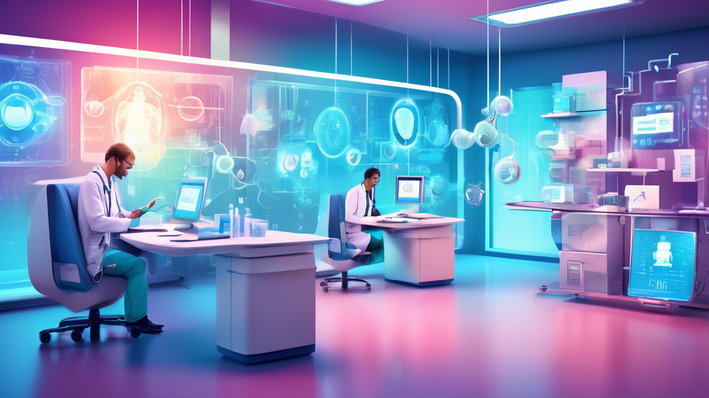 Detailed illustration of a modern e-health platform showcasing the credentialing process for healthcare providers, incorporating digital documents, verification icons, and healthcare symbols, set in a futuristic medical office environment.