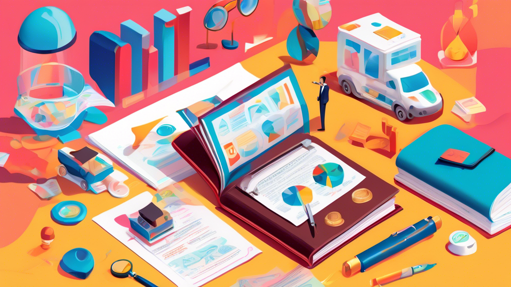 An illustrated guidebook lying open on a table, surrounded by miniature insurance policy documents, a magnifying glass, and a small figure in professional attire studying them, all with a backdrop of colorful, abstract icons representing different types of insurance.