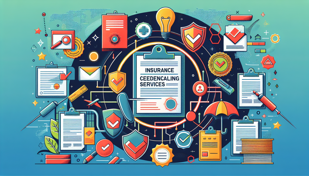 Create a modern and colorful illustration that visually represents the concept of insurance credentialing services in a comprehensive guide format. The image should be devoid of words and follow a cinematic style. Depict some key elements such as insurance papers, official stamps, and a process diagram, emphasizing the complexity and importance of the procedure. Make sure all elements are vivid and attractive in color.