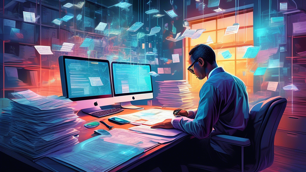An intricate digital painting depicting a person sitting at a desk filled with documents, navigating through a holographic interface of insurance forms and credentials, with a lightbulb overhead symbolizing understanding and clarity in a modern office setting.