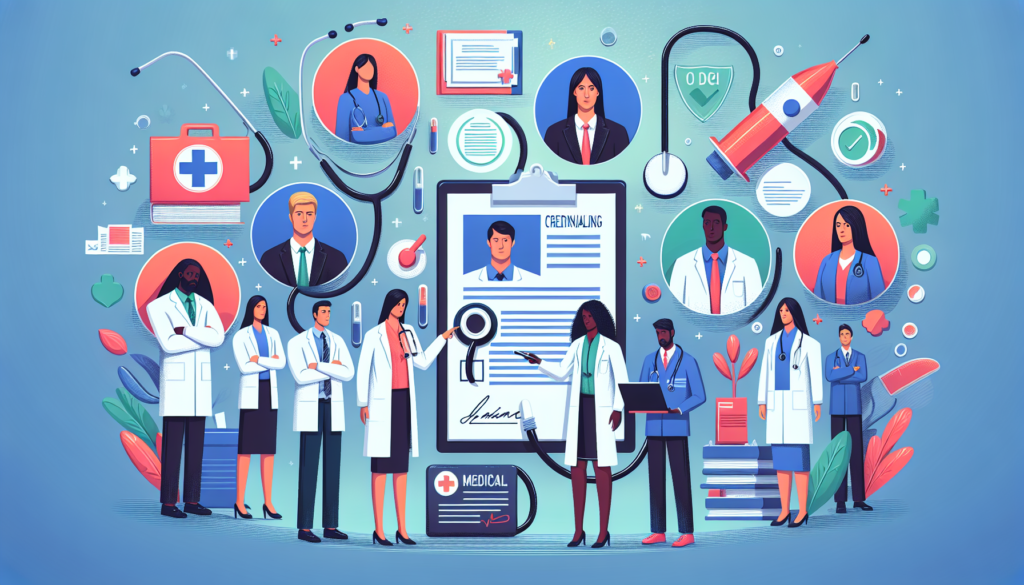 Create an image in a cinematic style, colorful and modern, illustrating the concept of 'medical credentialing'. In the scene, feature a diverse group of male and female medical professionals of different descents such as Caucasian, Hispanic, Black, Middle-Eastern, and South Asian. They could be displayed going through various stages of credentialing in healthcare, but without the use of words. Include symbolic items representing medicine and credentials, like stethoscopes, documents, and others. The illustration should be comprehensive and flowing, guiding the viewer's eye through the steps involved in medical credentialing.