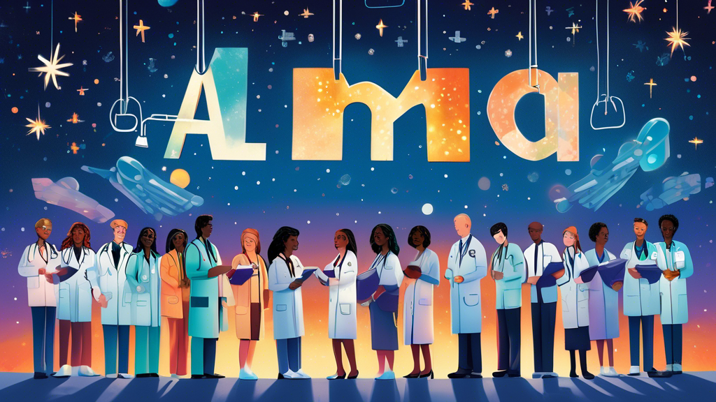 An illustrated guide cover showcasing a diverse group of medical professionals reviewing and holding up glowing, symbolic credentials in front of a large, modern hospital named 'Alma' under a starry night sky.