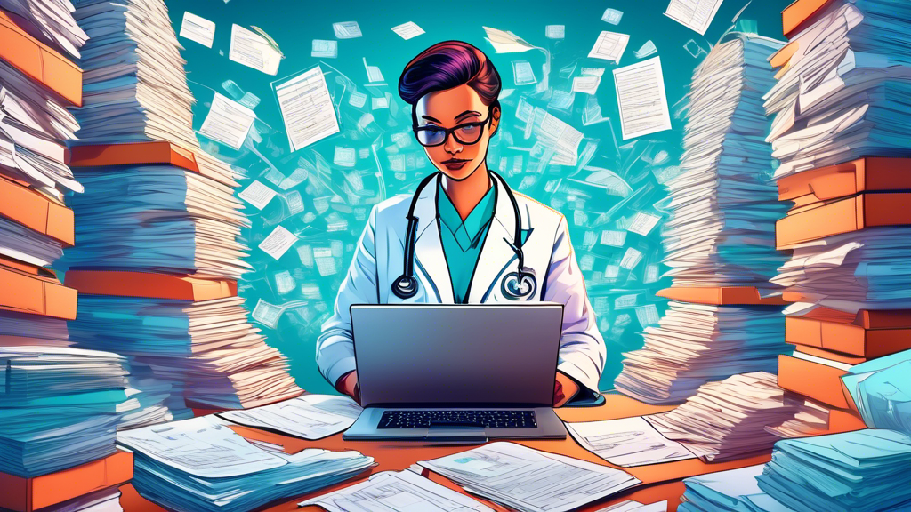 An intricately detailed illustration of a medical professional surrounded by stacks of official documents, diplomas, and digital screens displaying verification processes, symbolizing the complexity of medical credentialing.
