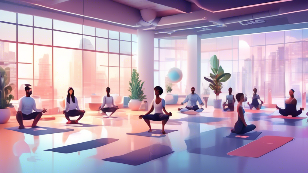 A futuristic office environment where employees are engaged in various wellness activities such as yoga, meditation, and group workouts, highlighting the concept of a holistic workforce wellness program beyond traditional staffing benefits.