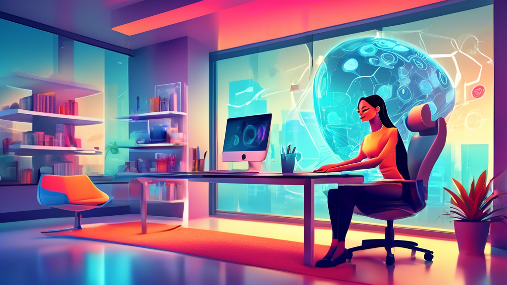 An illustration of a remote virtual assistant efficiently managing tasks on a futuristic computer interface, with a happy entrepreneur relaxing in the background, all set in a bright, modern home office.