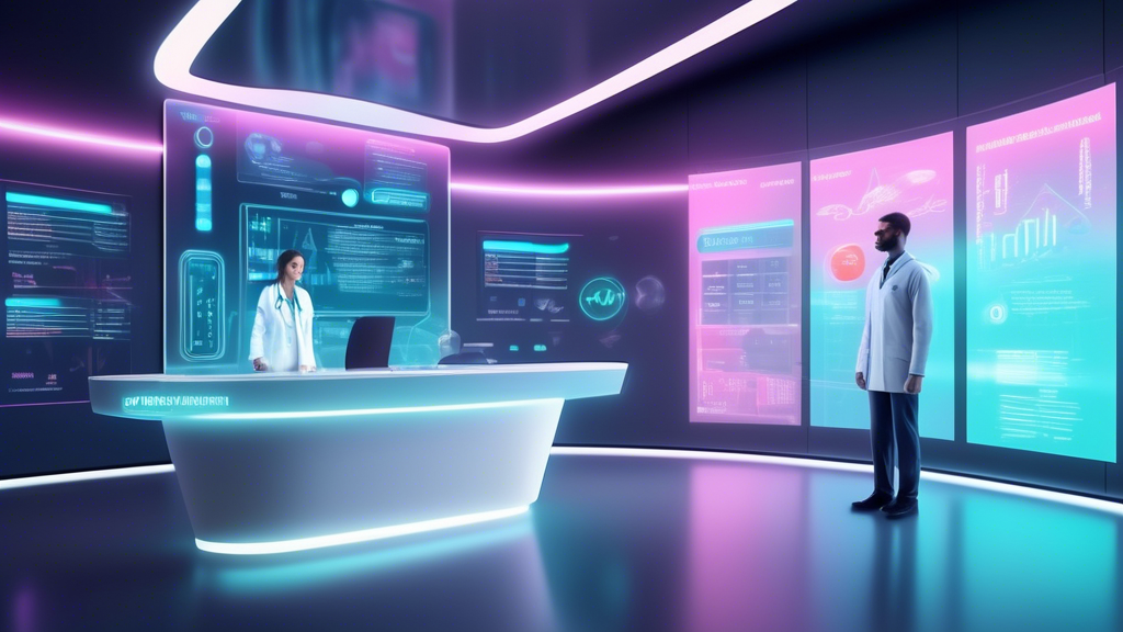 A sleek, futuristic medical office with a holographic virtual assistant displaying health statistics and patient information on an interactive screen, with the text Finding Your Perfect Virtual Medical Assistant floating above in a modern, digital font.