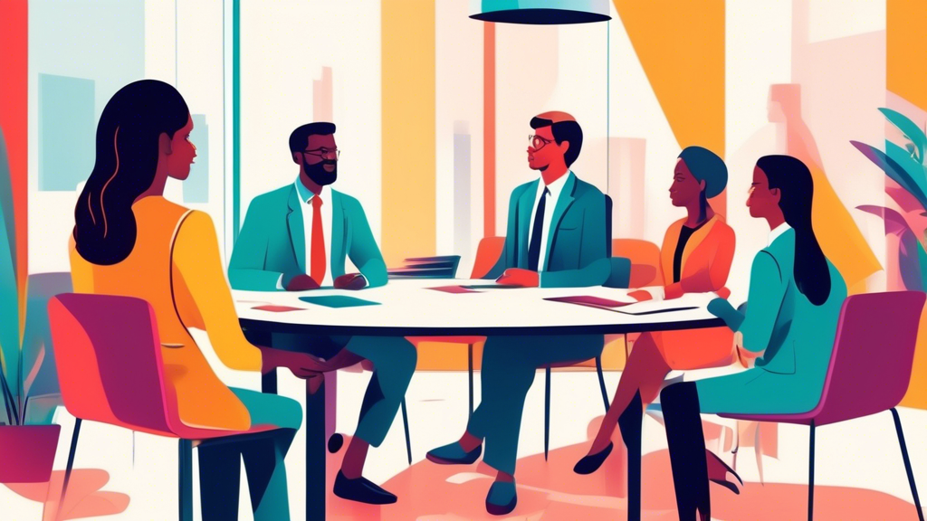 An image of a diverse panel of corporate professionals conducting a job interview with a candidate in a modern, bright office environment, showcasing a variety of effective interviewing strategies.