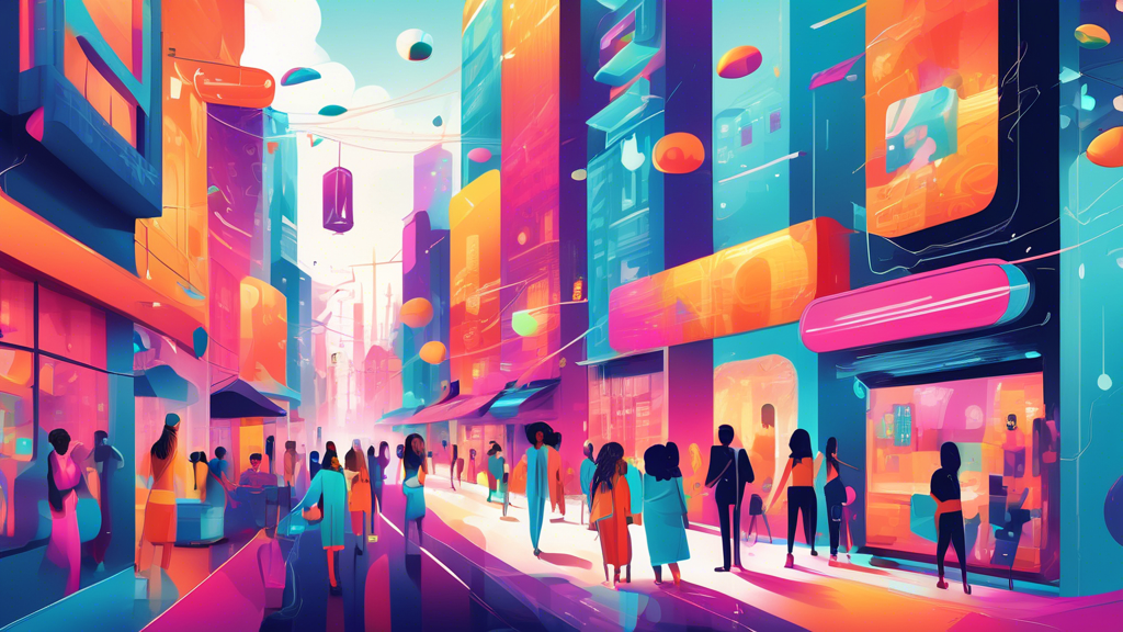 An illustration of a vibrant city street where businesses are using futuristic technology to interact with happy, diverse customers, showcasing a seamless blend of digital and physical customer experiences.
