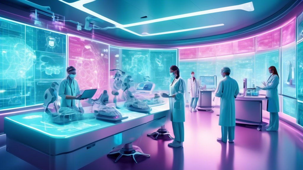 An illustration of healthcare professionals working seamlessly with advanced artificial intelligence systems, displaying real-time analytics and support, in a futuristic medical facility.