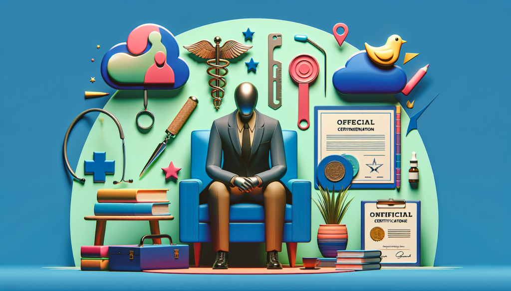 Create an image that symbolizes the essential credentialing services for mental health providers. Make sure this is a modern and colorful scene, portrayed in a cinematic style. Include various elements that are commonly associated with this field, such as a counseling room environment, official certifications, therapeutic tools, or professional attire. Remember to have no written words in the image.
