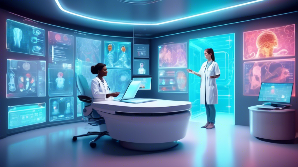 An innovative, futuristic medical virtual assistant providing telehealth services to a patient through a holographic interface in a modern, tech-enhanced clinic setting.