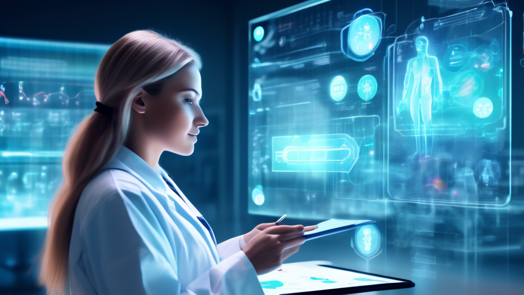 An image of a friendly-looking, semi-transparent holographic virtual assistant in a white lab coat, holding a digital clipboard and floating next to a futuristic healthcare data interface, with medical icons and patient charts softly glowing, all set within the warmly lit interior of a modern doctor's office.