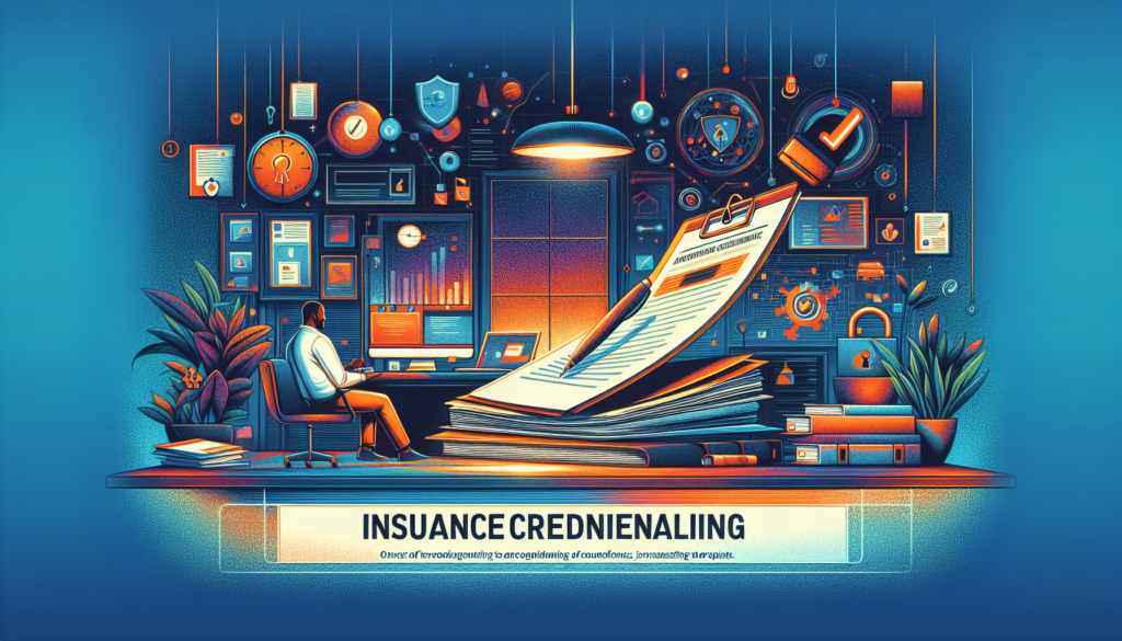 A modern, cinematic, and colorful illustration depicting the process of insurance credentialing for therapists. The scene could feature a counselor's office with various elements related to insurance accreditation. Please ensure that the artwork is rich in detail and well-lit, capturing the ambience of a busy, professional environment. There could be a symbolic representation of paperwork involved in the process, like a stack of documents, a pen, and a stamp of approval. Furthermore, conceptual visual elements such as a lock and key, or a checkmark, can add depth to the understanding of 'credentialing'. Remember, this must be an illustration only, and it should not contain any written words.