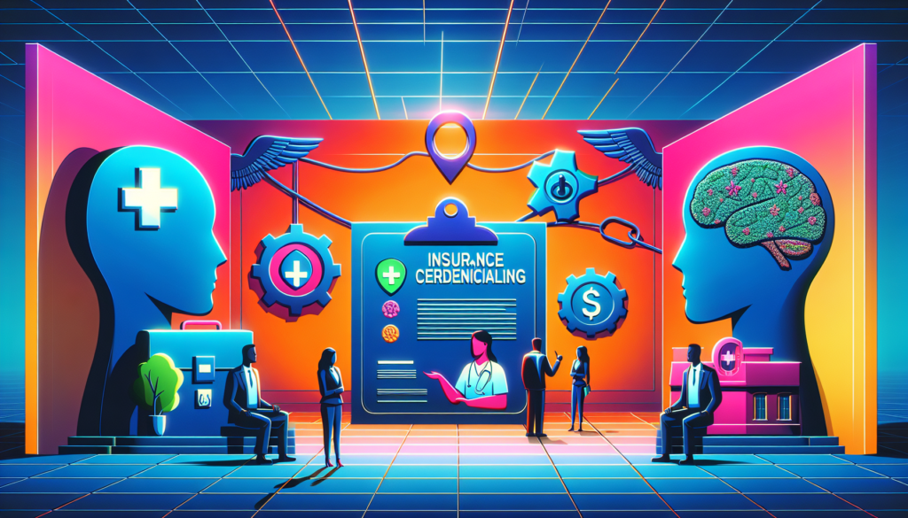 Illustrate a guide to insurance credentialing services specially designed for mental health providers. The scene should be in a cinematic style, making use of striking and vivid colors. The image should take on a modern aesthetic, incorporating symbols that represent mental health, insurance, and related services. This could signify the interaction between mental health professionals and insurance companies in the process of credentialing. No text should be included in the scene.