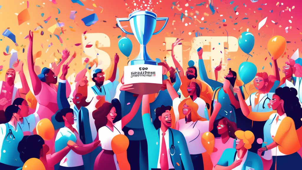 Digital illustration of a vibrant, celebratory scene outside the HealthCare Support offices, with a large, shining trophy labeled 'Top Healthcare Staffing Firm' surrounded by healthcare professionals, balloons, and confetti in the foreground.