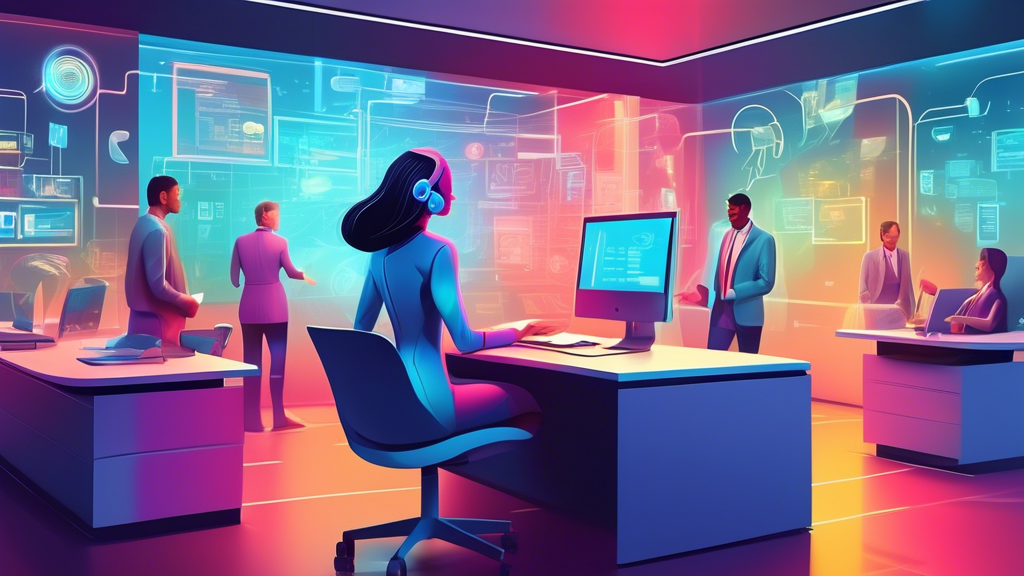 An illustration of a sleek, futuristic virtual receptionist hologram efficiently managing multiple tasks at once, including answering calls, scheduling appointments, and handling paperwork, in a busy modern office environment.