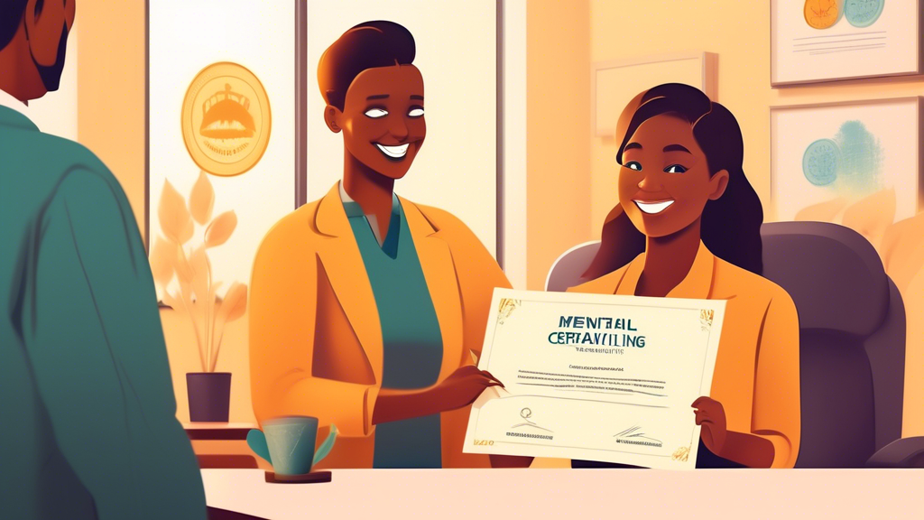 A friendly and professional therapist handing a shining golden certificate of Mental Health Credentialing to a smiling individual in a warm and inviting office environment, with a digital screen in the background displaying various mental health credentials and certifications.