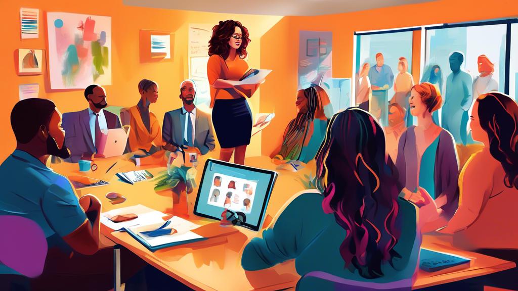 Digital painting of Amber Hawley providing expert advice to a diverse group of attentive practice owners inside a vibrant, organized office setting, illustrating success despite ADHD challenges.