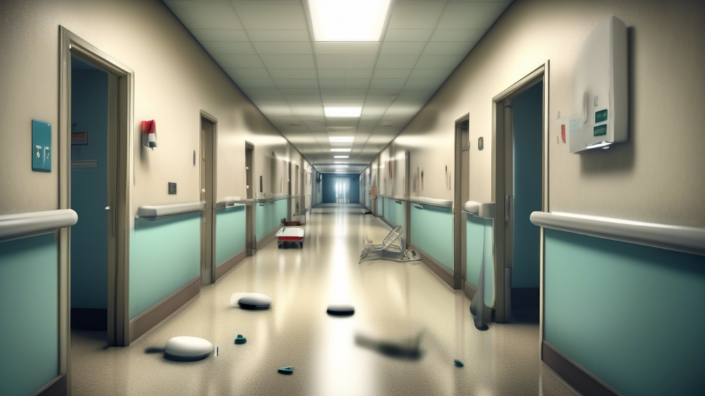 An artistic portrayal of a desolate hospital hallway representing unoptimized healthcare staffing and its impact on patient care, with visible signs of neglect and an overwhelmed nurse in the background.