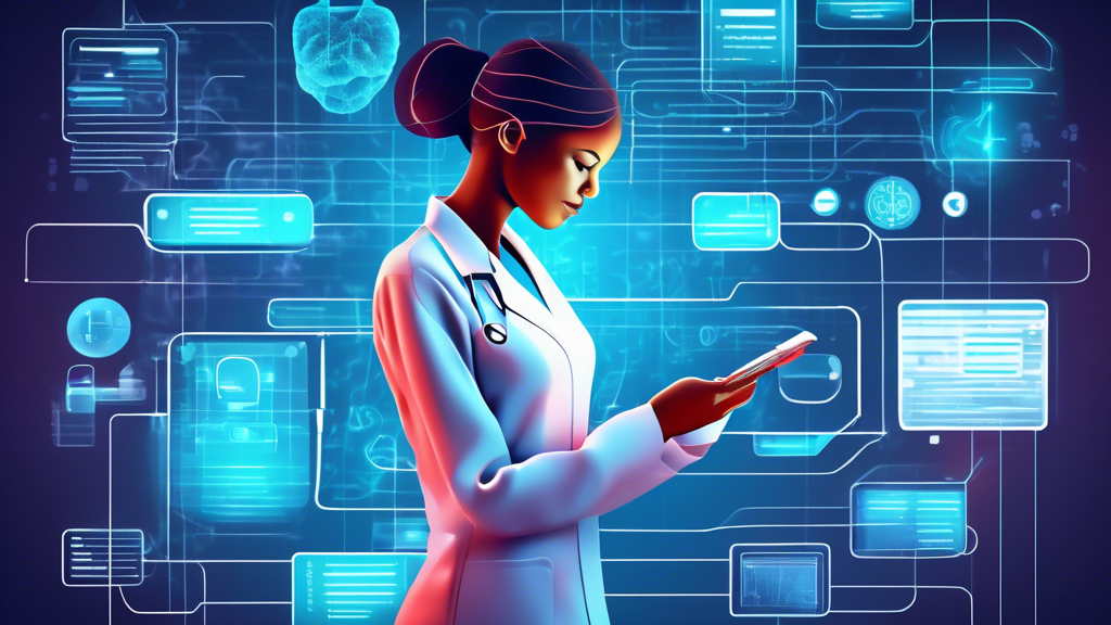 An illustration of a virtual medical assistant efficiently organizing patient records, scheduling appointments, and providing medical advice over a futuristic digital interface, highlighting the benefits of technology in healthcare.