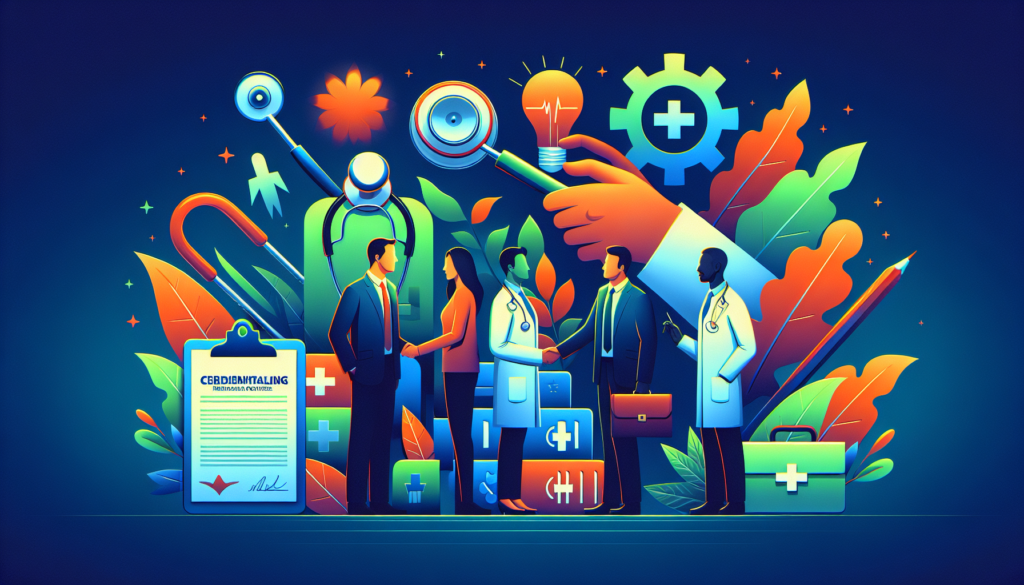 Produce a colorful and modern illustration capturing some of the top credentialing services for mental health providers. This image should be in a Cinematic style, akin to looking like a still shot from a high-quality, modern film. Please ensure that the image reflects a variety of providers offering different professional services. No texts or words are to be used in this image; it should be conveyed purely through visual storytelling.