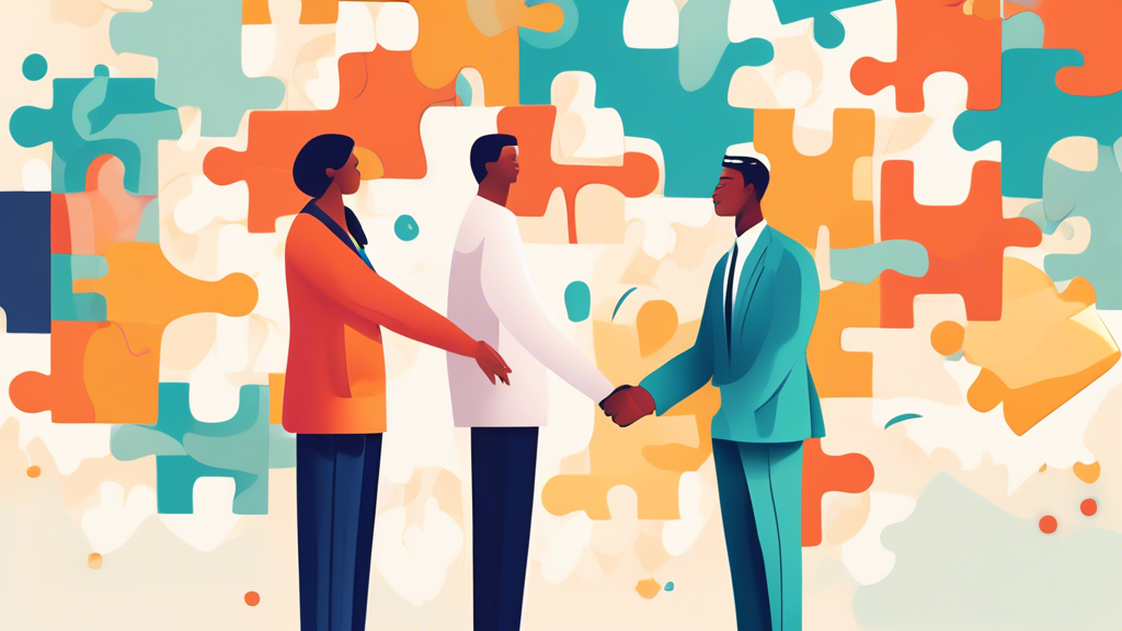 An illustration of a mental health provider and an insurance agent shaking hands, symbolizing partnership, set against a backdrop of puzzle pieces representing the complexity of insurance credentialing services, with soothing colors and symbolic icons of mental health and wellness floating in the background.