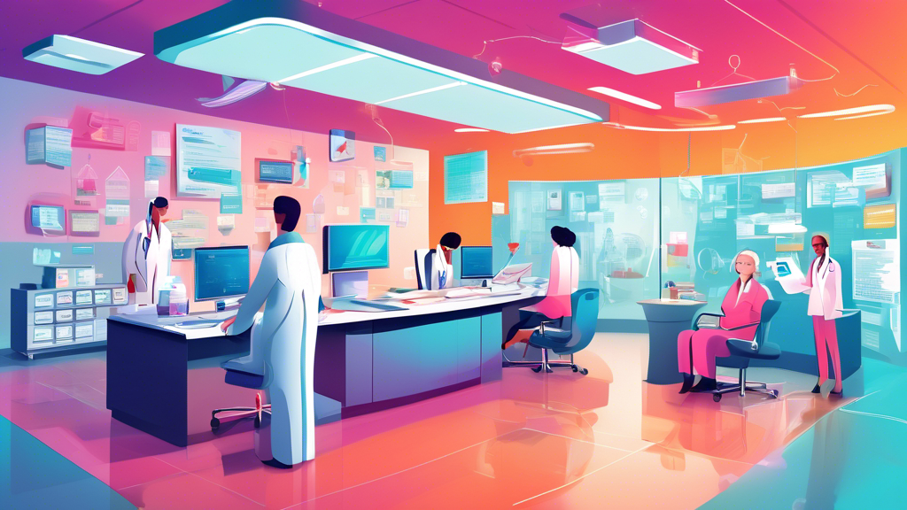 A detailed illustration showing a step-by-step process of Medicare Credentialing for healthcare providers, including paperwork, online submissions, and approval notifications, set in a semi-futuristic healthcare office environment.