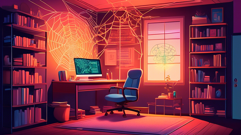 Digital illustration of a warm and comforting study room with a large, glowing computer screen displaying an intricate web of mental health billing and credentialing pathways, surrounded by various books and documents on psychology and psychiatry, with a gentle, reassuring light illuminating the space.