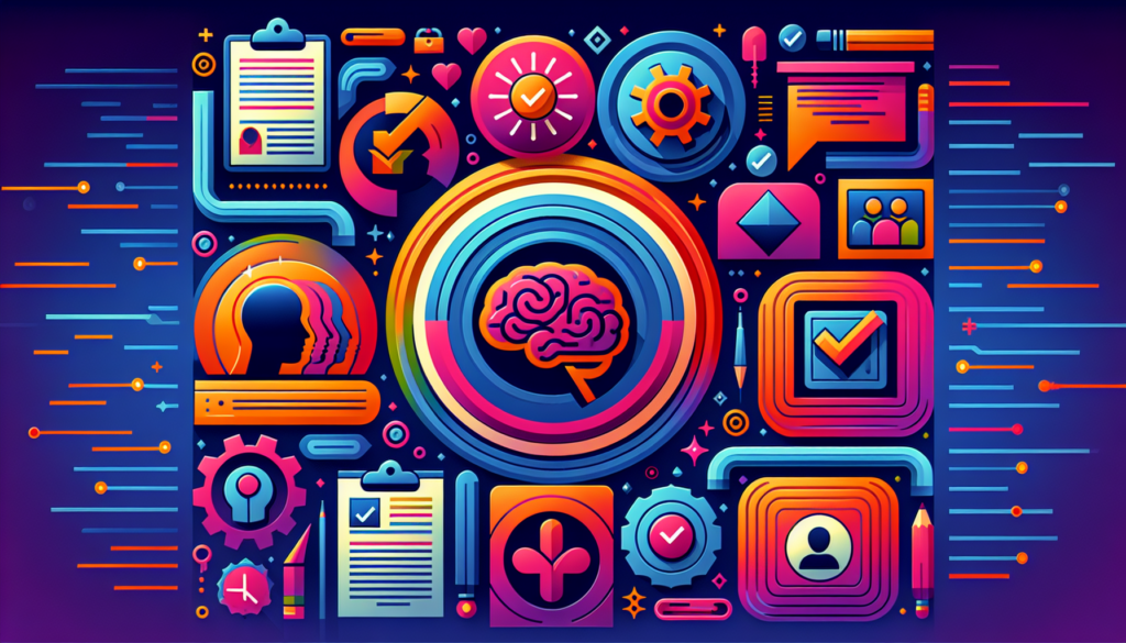 Create an image in a colorful and modern, cinematic style that represents the concept of Mental Health Credentialing Services. This could show various stages in the credentialing process, such as application, review, and granting of credentials. Perhaps include symbols for mental health, like a mind or brain, and symbols for verification, like a checkmark or seal. Ensure that the aesthetic is contemporary and bright, using a spectrum of vibrant colors. No textual elements should be included in the image.