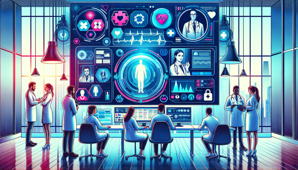 Create a detailed, cinematic-style illustration that captures the process of physician credentialing services. Show a modern office setting with healthcare professionals of varying genders and descents. Include symbols indicative of the medical field, such as stethoscopes, medical charts, and a computer displaying credentialing software. Use vibrant and modern colors to capture the energy and importance of this process.