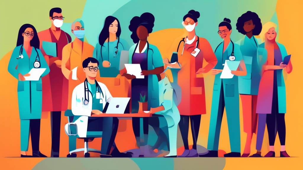 Create an intricate illustration of diverse healthcare professionals from various specialties in a modern, digital library, researching and submitting documents online for physician credentialing services.