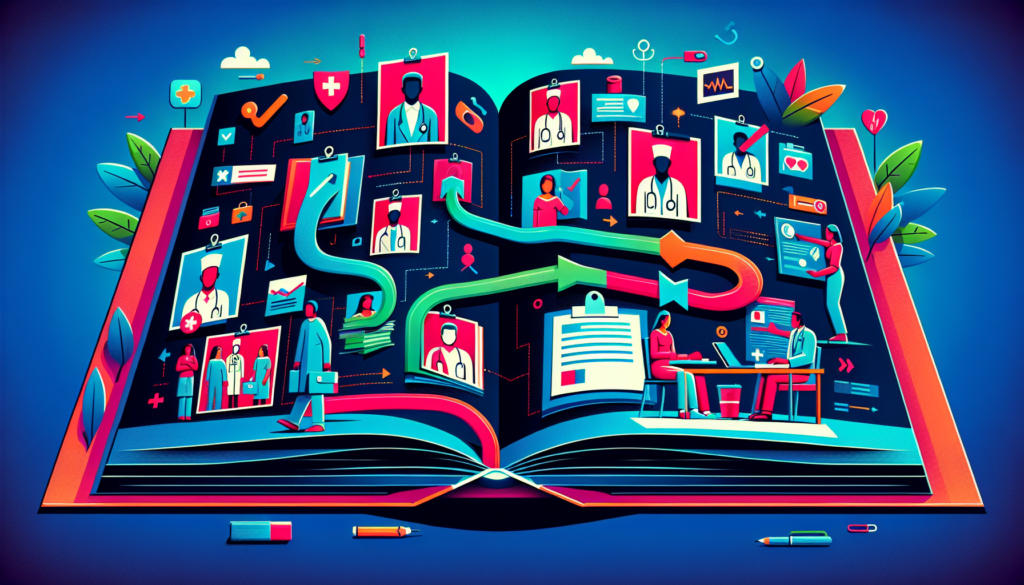 A modern, colorful, and cinematic style illustration of the process of provider credentialing. The image could depict an open book with different stages of this process being shown as a journey on pages. Illustrations could include various professionals going through the checks, verifications, and getting approved credentials. Stages can be represented as individual frames or scenes with vibrant colors for each step. Notable aspects of the process can be signified with relevant symbols or artifacts which are used in the medical field.