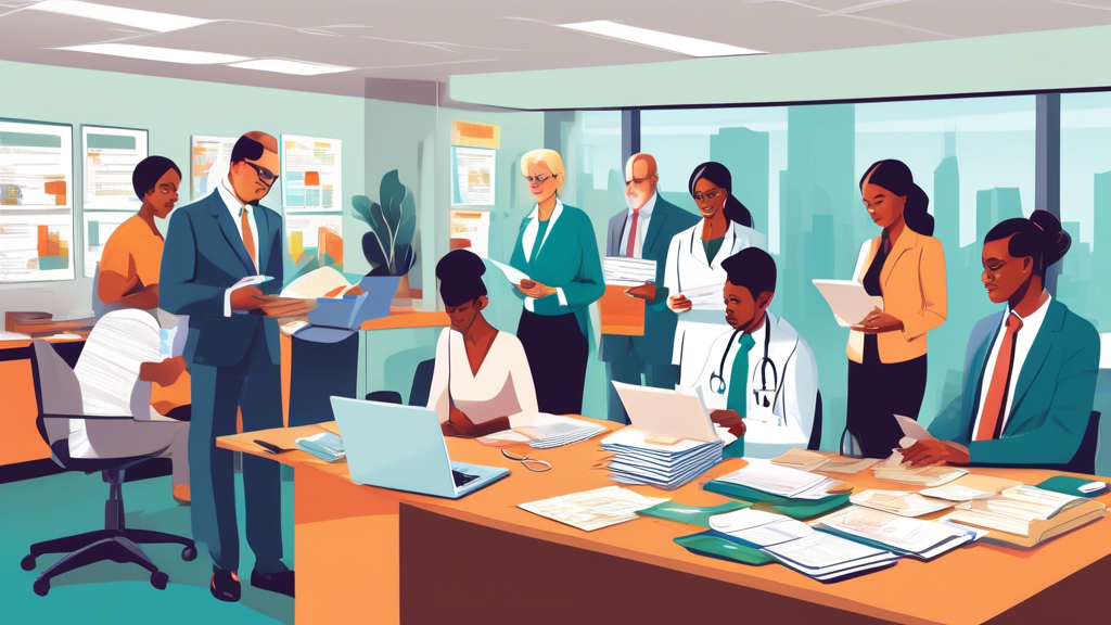 An illustration of a modern, detailed office environment, where a group of professional individuals in business attire are engaged in the process of reviewing and organizing a towering stack of healthcare provider credentials and certificates, with laptops, paperwork, and a clear, informative guidebook labeled 'Provider Credentialing' prominently displayed on the desk.