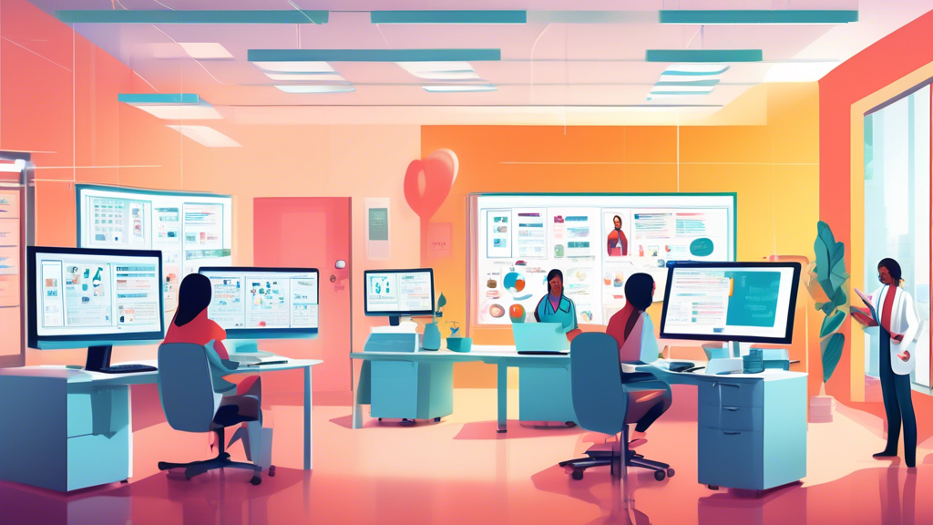 An intricately detailed illustration of a professional office space where a diverse group of health care providers are engaged in a seamless digital enrollment process, showcasing screens displaying credentialing software and a background filled with medical certificates and accreditation seals.
