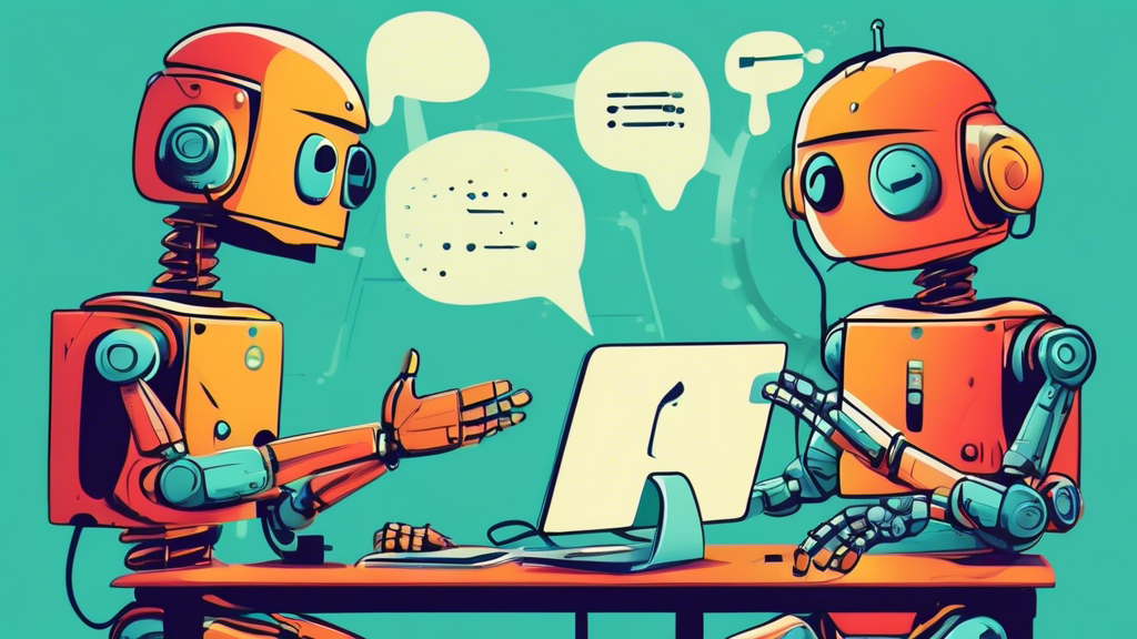 An illustration of a friendly robot providing technical support to a confused user in front of a computer, with speech bubbles showing a helpful dialogue.